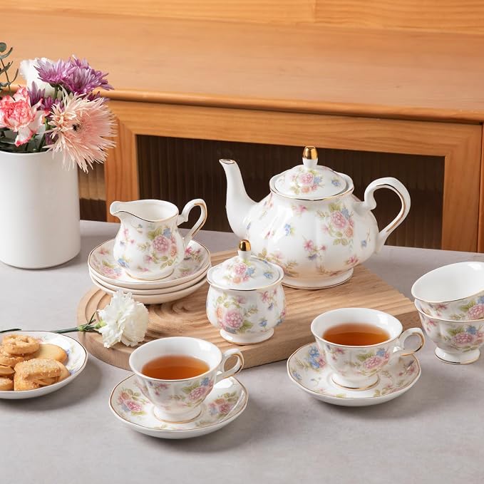 Sweejar Porcelain Tea Set Vintage Floral, British Relief Gold Rim Teapot Cup - Image 5