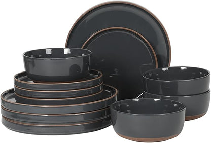 Gibson Elite Northrock Stoneware Dinnerware Set, 12-Piece Service for 4 Plates and Bowls Set – Charcoal Blue Dishes with Hand-Painted Terracotta Base