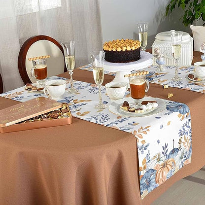 Blue Pumpkin Fall Table Runner 120 Inches Long, Thanksgiving Floral Eucalyptus - Image 5