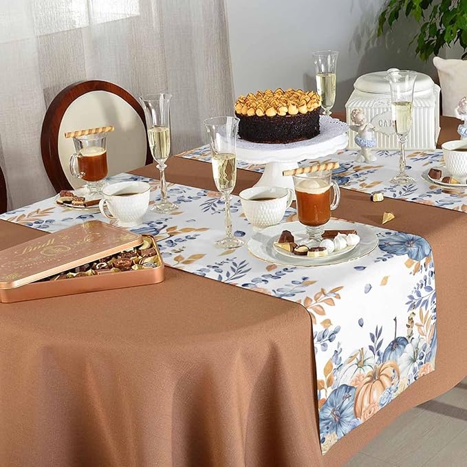Blue Pumpkin Fall Table Runner 90 Inches Long, Thanksgiving Floral Eucalyptus - Image 5