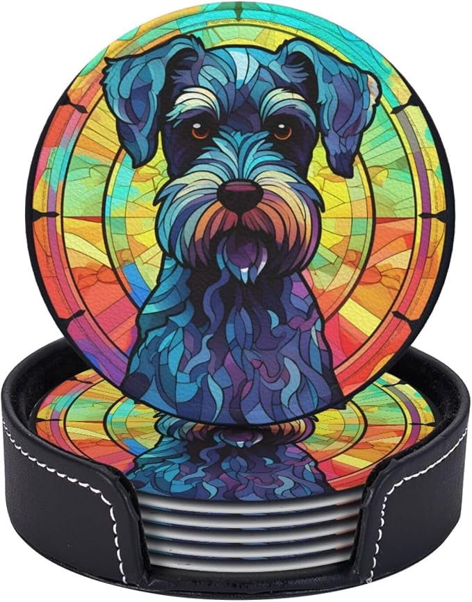 Miniature Schnauzer Stained Dog Breed Glass Art Leather Drinks Coasters by Novgift