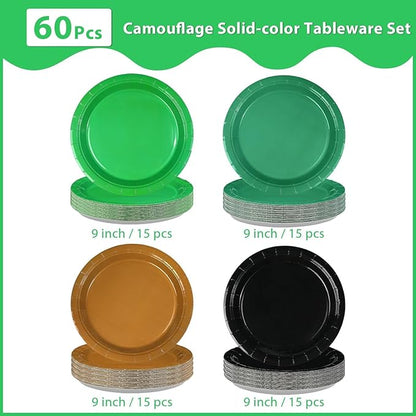 60Pcs Green and Brown Plates 9” Green Black Party Paper Plates Hunting Theme Birthday Platters Disposable Tableware for Camo Army Hunting Theme Party Decorations