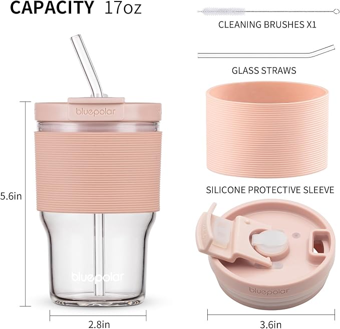 Glass Juice Bottles with Lids and Straws, 16oz/480ml Reusable Iced Coffee - Image 2