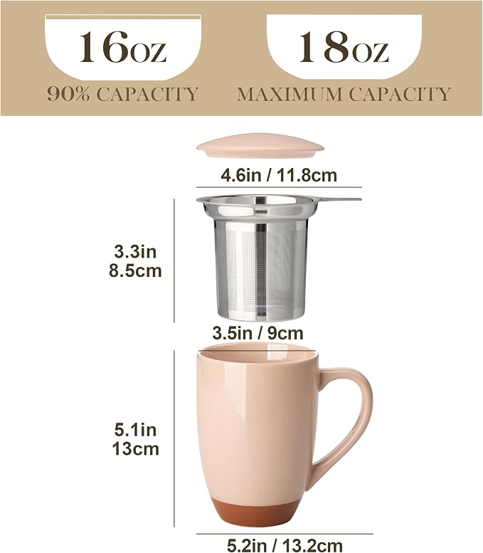MALACASA Ceramic Tea Mug with Lid and Stainless Steel Infuser, 18 oz Large Tea - Image 2