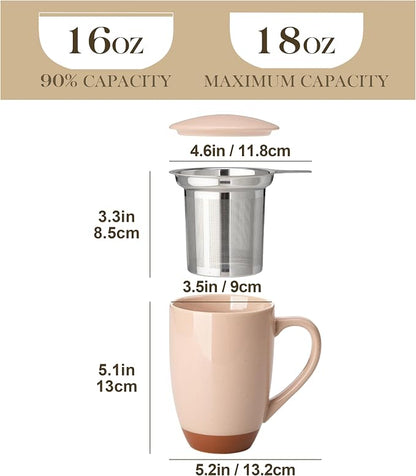 MALACASA Ceramic Tea Mug with Lid and Stainless Steel Infuser, 18 oz Large Tea - Image 2