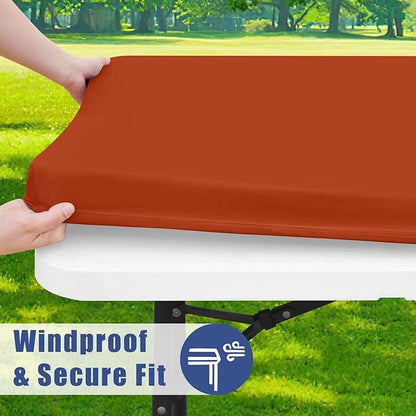 Spandex 8 Foot Rectangle Thanksgiving Table Cloth 2 Pack, Elastic Fitted Tablecloths for Picnic, Stretch Washable Patio Table Cover for Outdoor, Camping, Banquet and Parties (Rust, 30"x96")