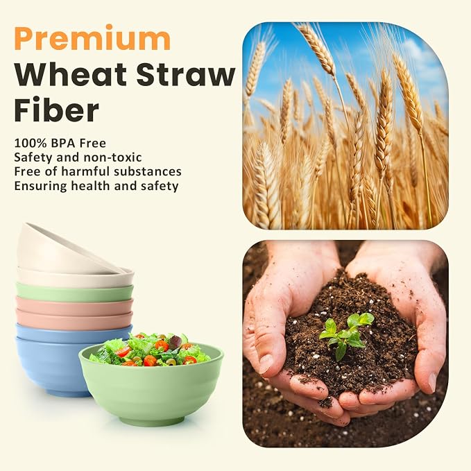 Large Wheat Straw Bowls 60oz Light Color Bowl Set of 8 - Image 3