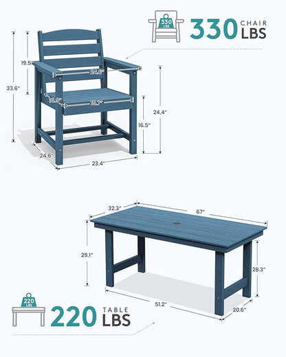 SERWALL Dining Table Chairs Set for 4，67" Extended Large Dining Table with 4 Chairs, HDPE Dining Set for Home, Kitchen, Dining Room, Blue