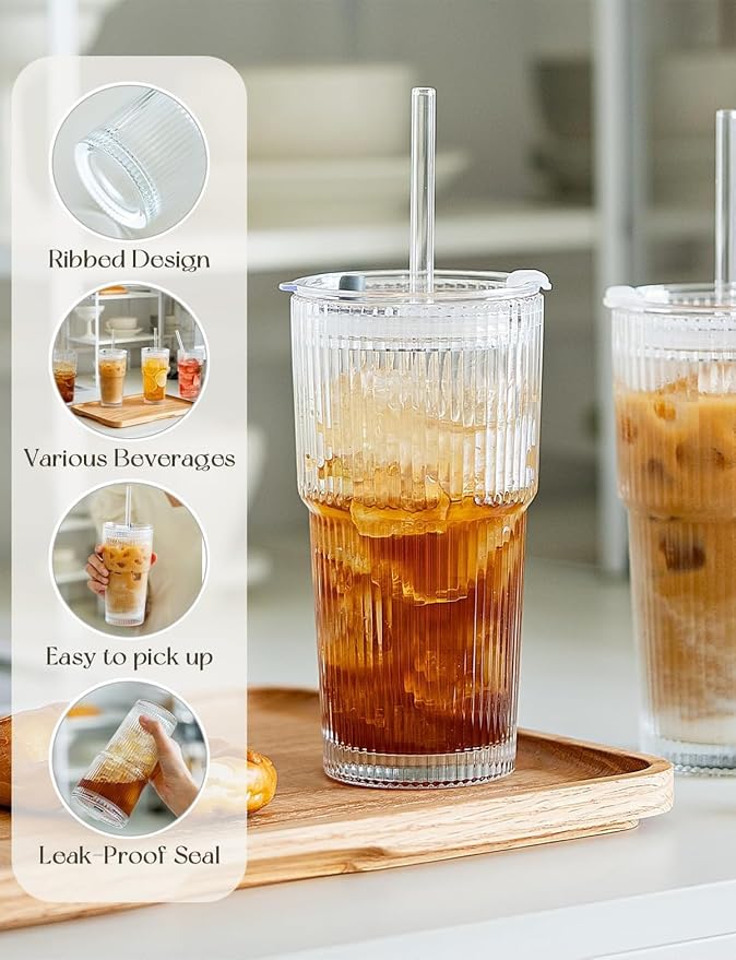 Glass Cups with Lids and Straws, 20oz Ribbed Glass Tumbler - Image 3