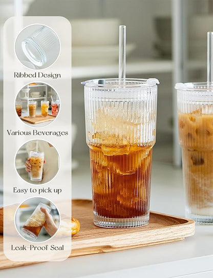 Glass Cups with Lids and Straws, 20oz Ribbed Glass Tumbler - Image 3