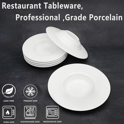 Ceramic Wide Rimmed Soup Plate, Soup Bowl 8 oz, Pasta Bowl Set of 4, White Shallow Bowl Plate with Rim, Best choice for high-end restaurants, hotels, and foodies, 9.6 Inch