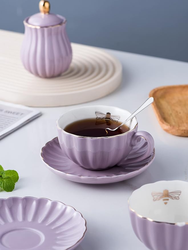Jusalpha Serve for 6- Fine China Pink Coffee Cup/Teacup Set, 8 OZ Cups& Saucer - Image 6