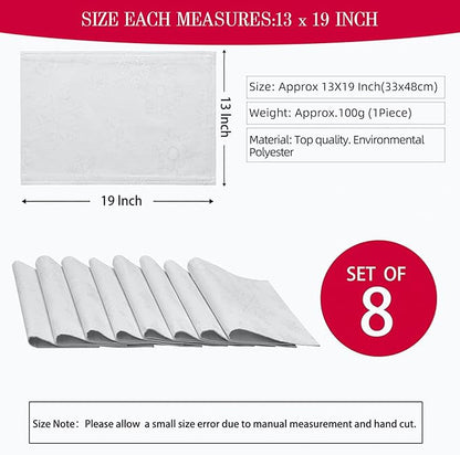 Cloth Place Mats Set of 8–Reusable Rectangular Waterproof Fabric Polyester Washable Wipeable Heat Resistant Jacquard Sparkling Metallic Snowflake for Kitchen Table(White Silver/13x19 Inch)