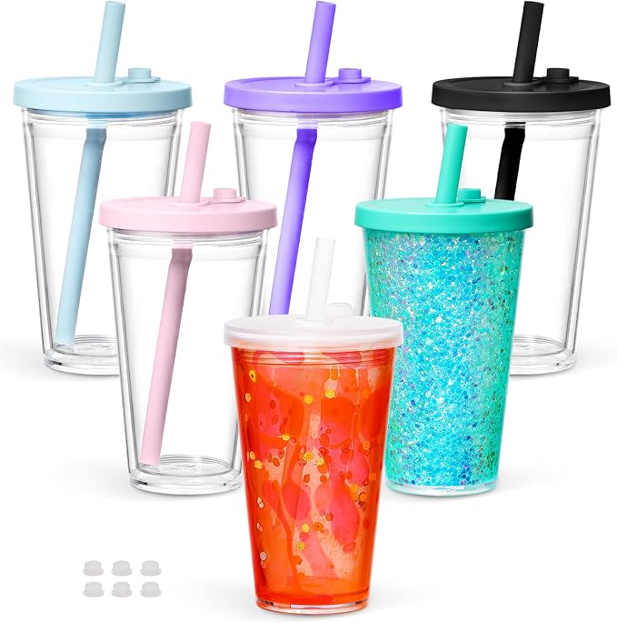 6 Pack 16 Oz Acrylic Snowglobe Tumbler, Pre-Drilled Double Wall Plastic Kids by Maucircol