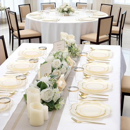 EI 180pcs Beige Plastic Plates with Gold Plastic Silverware,Heavy-Duty Disposable Plates for Party,White Dinnerware Set for 30 Guest Wedding,Afternoon Tea,Spring,Valentine's Day,Easter