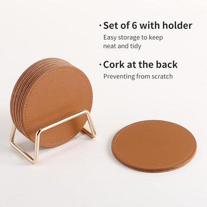 CASEGRACE Drink Coasters with Metal Holder Stand Set of 6, PU Leather Absorbent - Image 4
