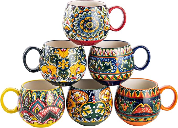 Henten Home Ceramic Coffee Mug Set of 6, 20 oz Colorful Coffee Cup by HentenHome