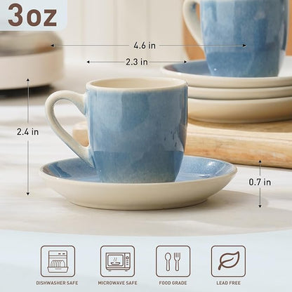 famiware 3oz Espresso Cups and Saucers, Azure Blue | Ceramic Small Coffee Mug - Image 4