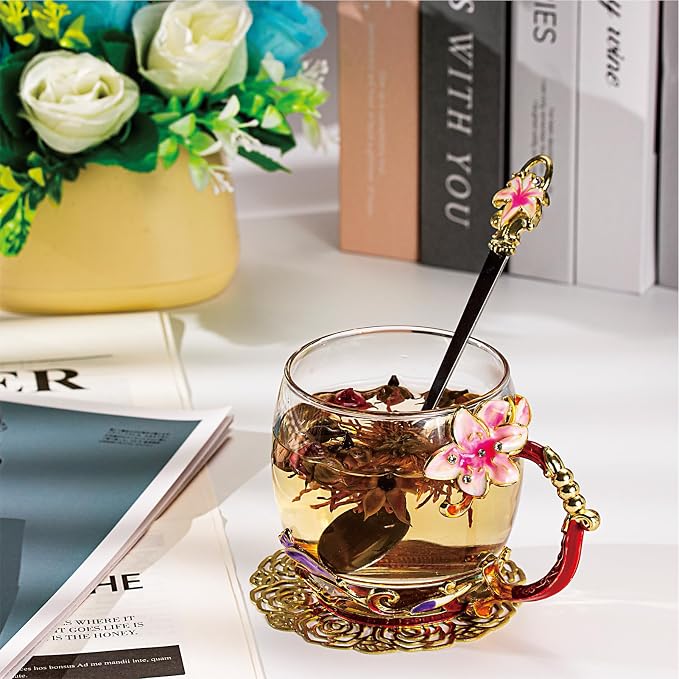 Flower Tea Cup, Lily flower Clear Glass Fancy Coffee Mug - Image 6