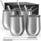 CHILLOUT LIFE 12 oz Stainless Steel Wine Tumblers 4 Pack - Double Wall Vacuum Insulated Wine Glasses Cups with Lids and Straws Set Keeping Cold & Hot for Coffee, Beer, Ice Cream - Dishwasher Safe