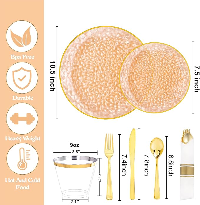 Rubtlamp 700Pcs Orange Gold Plastic Dinnerware Set, Hammered Clear Gold Plates - Image 2