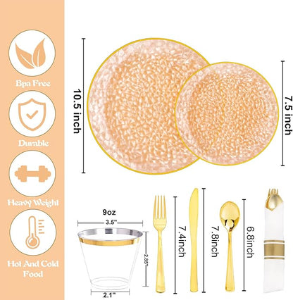 Rubtlamp 700Pcs Orange Gold Plastic Dinnerware Set, Hammered Clear Gold Plates - Image 2
