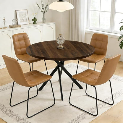44" Round Dining Table with Cozy Chair Set for 4, Modern Mid-Century Dining Table Set of 4, Dinette Sets with Metal Leg for Kitchen Dining Room Apartment(Walnut Table + Brown Chairs)