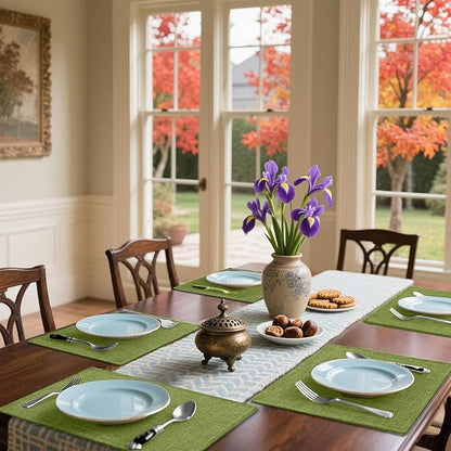 Homaxy Cloths Placemats for Dining Table Set of 6, Heat Resistant Washable Cotton Linen Blend Table Mats, Easy to Clean Place Mats for Indoor Outdoor Party Kitchen Decoration, 13" x 19", Grass Green