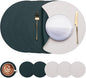 Myir JUN Round Placemats Set of 6 Faux Leather Place Mats and Coasters 15 inch Round Table Mats Dual Sided Non-Slip Stain Resistant Placemats (Beige & Green, Set of 6)