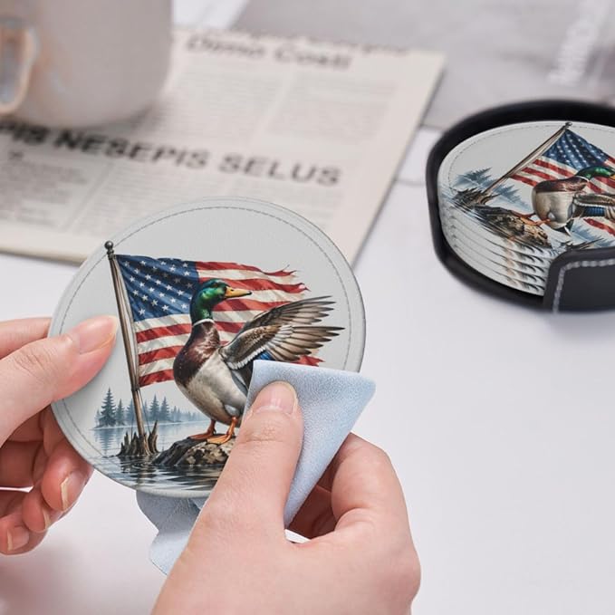 Patriotic Americana Hunting Mallard Duck Leather Coasters Set of 6 - Image 6
