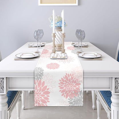 Dahlia Flower Table Runner 13x36 Inch Farmhouse Pink Gray Runners Modern Table - Image 3