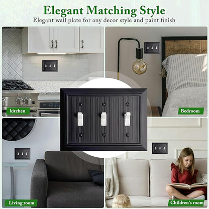 Beadboard Outlet Covers Wall Plates, Bamboo Fiber Light Switch Covers, Natural Material Electric Receptacle Decorative Switch Plate Outlet Cover Matte Black (3 Gang Toggle 1 Pack)