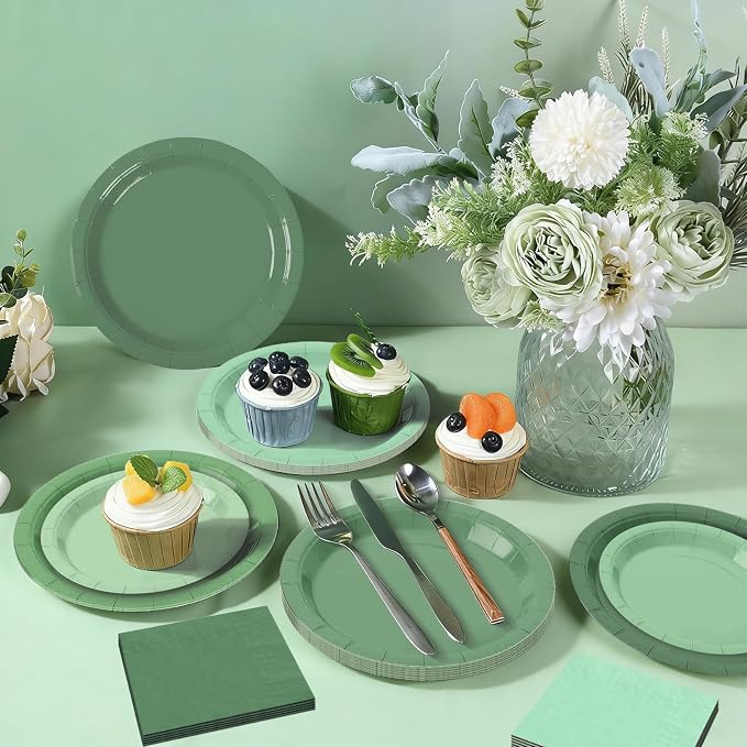 Sage Green Paper Plates and Napkins Party Supplies, Serve 60 | 180pcs - Image 4
