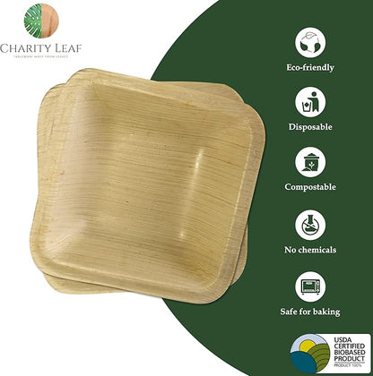 Charity Leaf Disposable Palm Leaf 3.5" Square Mini Bowl (25 pcs) Dipping Bowls | Bamboo Like| All Natural and Biodegradable | Charcuterie Boards, BBQs, and Parties