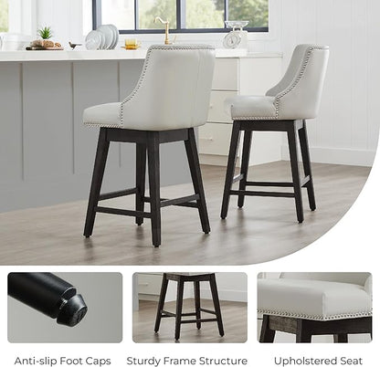 CHITA Counter Height Swivel Bar Stools Set of 3, FSC Certified Upholstered Counter Stools, Modern Swivel Barstools with Wood Legs for Kitchen Island, 26" Seat Height, Faux Leather in Creamy Grey