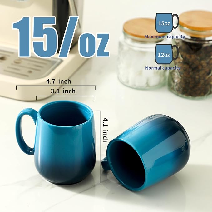 HASENSE 15oz Large Ceramic Mug Set, 4-Piece Blue Ombre Coffee Cups - Image 2