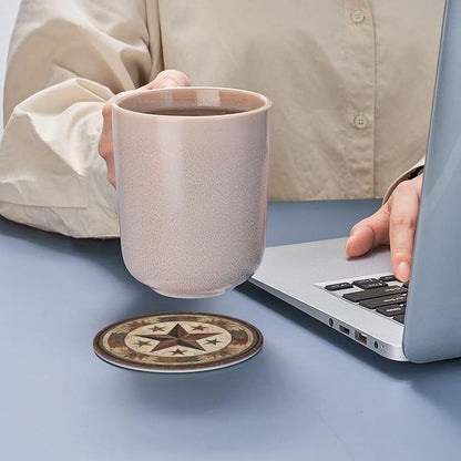 Western Cowboy Coasters for Drinks with Holder Round Leather Coasters Set of 6 Cups Mugs Mat Pad for Home Kitchen Bar