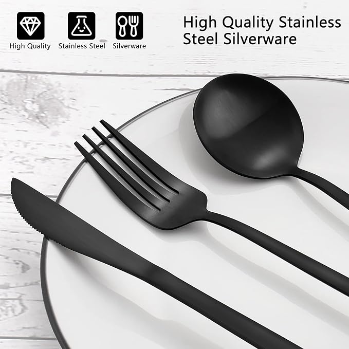 Matte Black Silverware Set, VANVRO 20-Piece Stainless Steel Flatware Set - Image 4