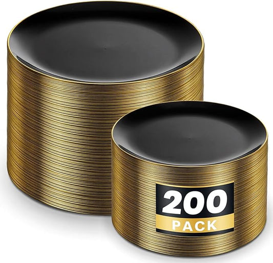 KIRE 200Pcs Black Plastic Plates - Black and Gold Plates Disposable for Party - Include 100 for Dinner and 100 for Dessert for Birthday/Wedding/New Year