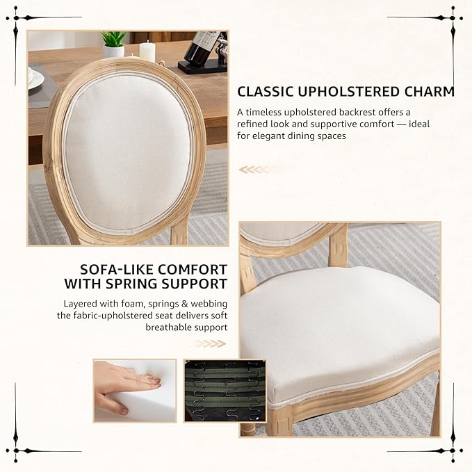 Vintage French Dining Chairs Set of 4, Round Back Accent Chairs with Linen Seat and Solid Wood Frame, Farmhouse Sillas de Comedor Upholstered for Dining Room & Kitchen, Beige