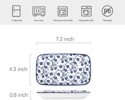 Selamica Rectangular Salad Plates, 7.1 Inch Dessert Plates Ceramic, Small Plates for Appetizer, Snack, Sushi, Fruit, Set of 6, Vintage Blue