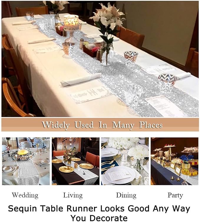 ShinyBeauty 12x48-Inch Silver-Tassel Table Runner, Small Sequined Sparkly Table - Image 6