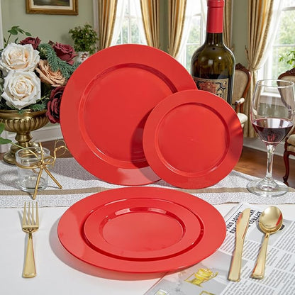 FLOWERCAT 200PCS Red Plastic Plates Disposable Plates for Party - Heavy Duty Plastic Plates - 10" &7" Plate for 100 Guests New Year Parties and Events &Christmas