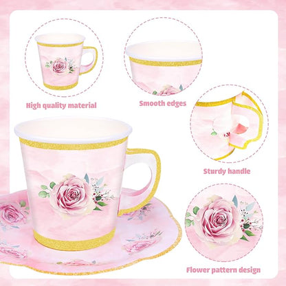 50 Pcs Paper Tea Cups and Plates Pink Floral Disposable Paper Teacups and - Image 3
