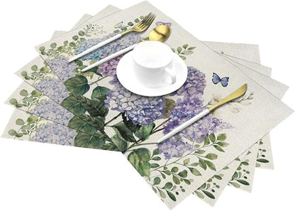 Spring Placemats 12x18 Inches Set of 4,Blue Violet Hydrangea Floral Decorative Rectangle Summer Seasonal Flower Decoration Table Mats for Party, Home Kitchen,Dining Table Decor