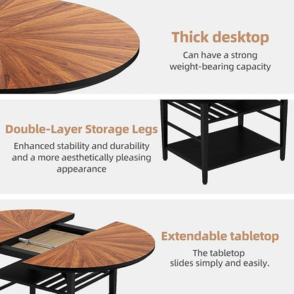 VFK 47.2"-63" Extendable Round Dining Table Set for 4–6, Solid Wood & Metal Table with Wine Rack Storage Shelf, Walnut Kitchen Furniture with 6 Upholstered Chairs (Storage Table and 6 Brown Chairs)
