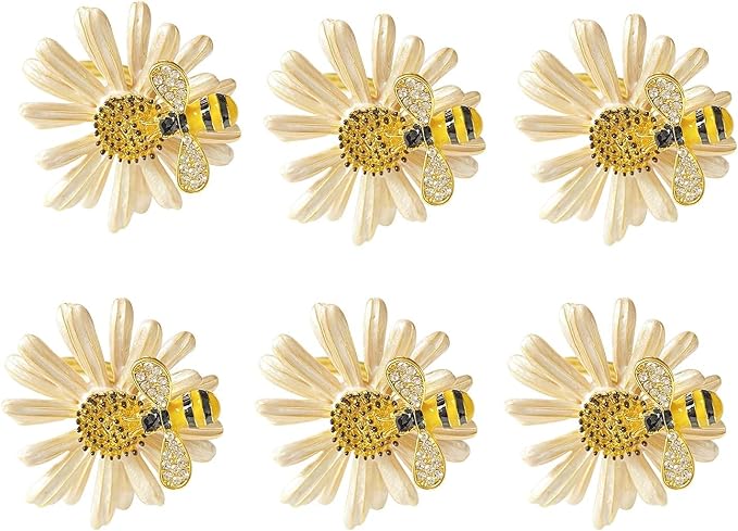 Eaferm Set of 6 Bee Napkin Rings Modern Daisy Flower Napkin Holder Tablescape by Dycica