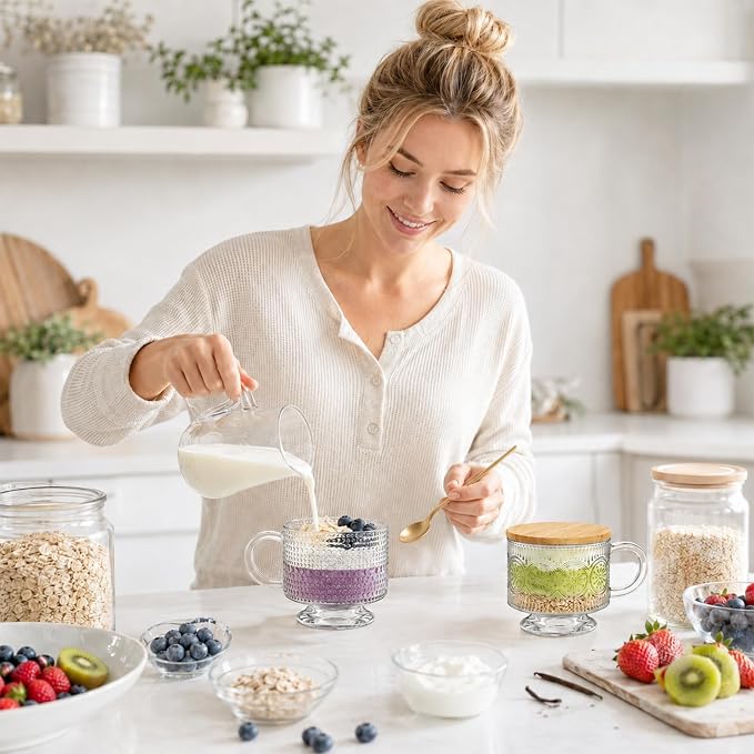 INSETLAN Vintage Glass Coffee Mugs 14 oz Set of 2, Embossed Overnight Oats - Image 6