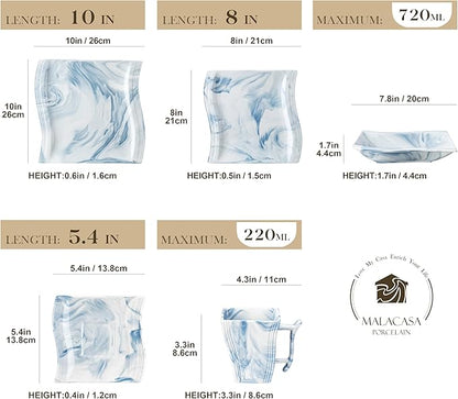 MALACASA Dinnerware Sets for 6, 30 Piece Porcelain Plates and Bowls Sets, Square Dish Set with Dinner Plate and Bowl, Cup and Saucer, Blue Dishes Dinnerware Set, Modern Dishware Sets, Series Flora