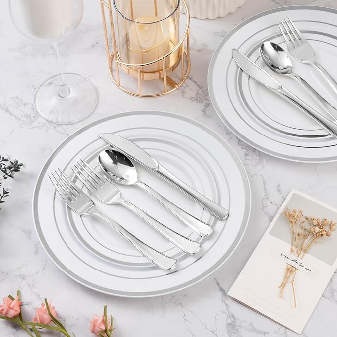 BESTVIP 600PCS Silver Plastic Plate Set (100 Guests), Disposable Plates for Party Wedding Birthday, Dinnerware Set of 200 Plastic Plates, 200 Forks, 100 Spoons, 100 Knives for Christmas